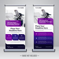 two roll up banners with purple and blue colors on them, one has a laptop