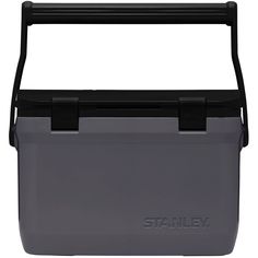 the stanley cooler is grey with black handles