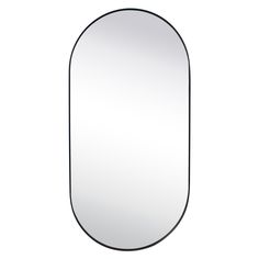 an oval shaped mirror with black frame on a white background, viewed from the side