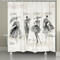 three women in dresses with umbrellas shower curtain