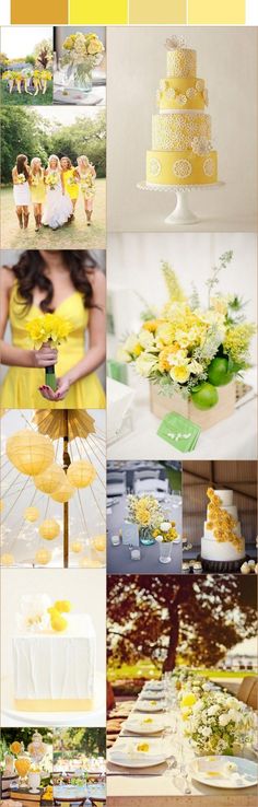 yellow and white wedding color palettes for the bride's dress, cake, flowers