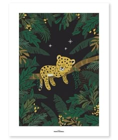 a leopard on a tree branch surrounded by green leaves and pine cones, with stars in the background