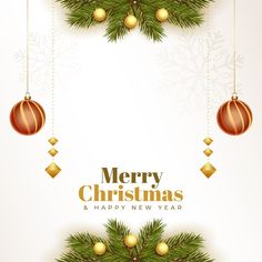 merry christmas and happy new year greeting card with golden baubles hanging from the branches