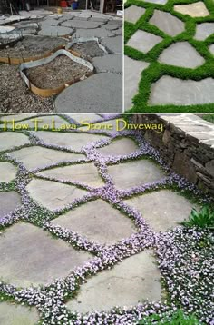 the steps are made out of stones and have purple flowers growing on each one side