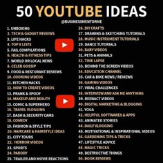 a black and white poster with the words 50 youtubee ideas on it's side