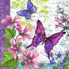 butterflies and flowers on a purple background