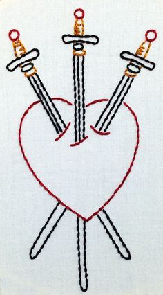 two crossed swords in the shape of a heart on a white piece of cloth with red thread