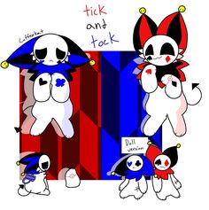 some cartoon characters are standing together in front of a red, white and blue background