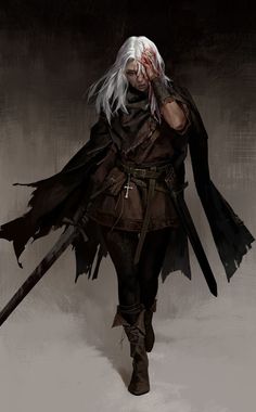 a man with white hair and long gray hair wearing a black outfit holding two swords