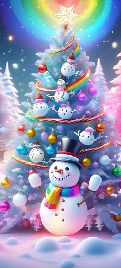 a snowman standing in front of a christmas tree with rainbows and stars on it