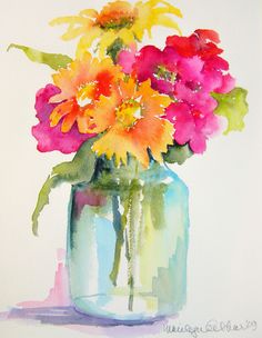 a watercolor painting of flowers in a vase