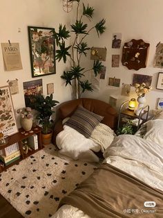 a bedroom with lots of plants and pictures on the wall