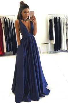 Dark Blue Prom Dresses, Prom Dress With Pockets, Prom Dresses Long Blue, Graduation Party Dresses, Formal Dresses For Teens, Prom Dresses With Pockets, V Neck Prom Dresses, Backless Prom Dresses, A Line Prom Dresses