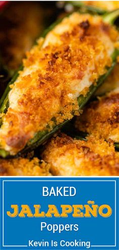 baked jalapeno poppers with the title above it in blue and yellow