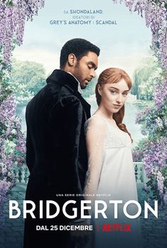 the movie poster for bridgerton starring actors in formal dress and tuxedo standing next to each other