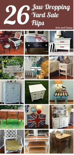 many different types of furniture are shown in this collage with the words 25 jaw dropping yard sale tips