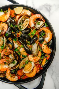 seafood and chorizo paella in a skillet