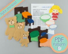 paper cutouts with felt animals on them and a bookmark next to it that says, instant sewing pattern