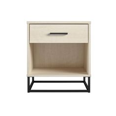 the side table has an open drawer on one side and a metal handle on the other