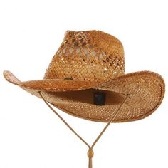 Vented Tea Stained Raffia Hat with String Adjustable Straw Hats For Rodeo, Adjustable Brimmed Brown Straw Hat, Brimmed Straw Ranch Hats, Brimmed Straw Hat For Rodeo, Brown Straw Panama Hat For Country Events, Western Style Woven Straw Hats, Western Style Brown Fedora With Woven Detail, Western Brown Fedora With Woven Detail, Country Style Brown Straw Panama Hat