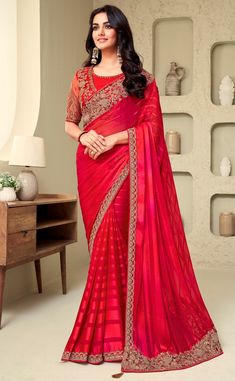 Trendy Saree, Ethnic Sarees, Red Saree, Red Sequin, Fancy Sarees, Soft Silk Sarees