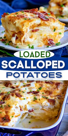 loaded scalloped potatoes with bacon and cheese in a casserole dish