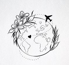 the earth with flowers and an airplane flying over it is drawn in black ink on white paper