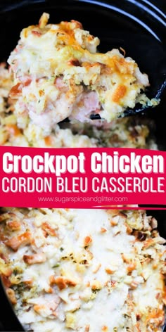 crockpot chicken cordon bleu casserole with text overlay