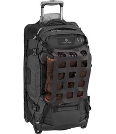 the back side of a large backpack with wheels and straps on it's sides