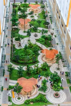 an aerial view of a park with many trees