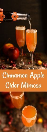 cinnamon apple cider mimosa is being poured into glasses