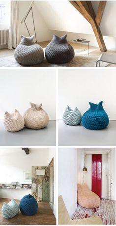 four different types of knitted vases sitting on the floor