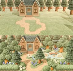 there are two pictures of a house in the middle of some trees and flowers on the ground