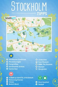 a map with the locations of stockholm and other places to go on it, in blue water