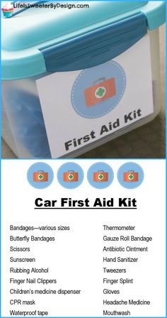 First Aid Car Kit, Diy Car First Aid Kit, First Aid Basket Ideas, Dollar Tree First Aid Kit, First Aid Kit Aesthetic, Kids First Aid Kit, Car First Aid Kit, Organized Car, Diy First Aid Kit