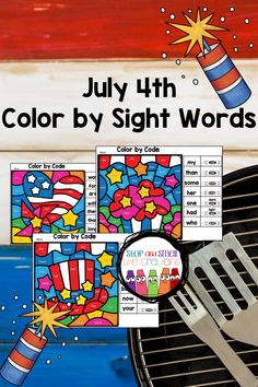 the july 4th color by sight word work is shown with a fork and spatula