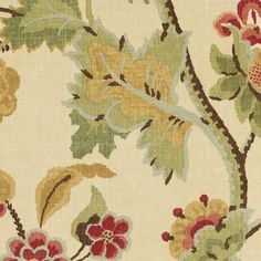 an image of a floral pattern on white fabric with red, yellow and green flowers