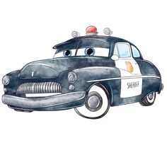 a watercolor drawing of a police car from the disney pixar movie cars