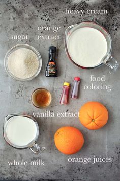 ingredients to make an orange smoothie laid out on a counter top with text describing the ingredients