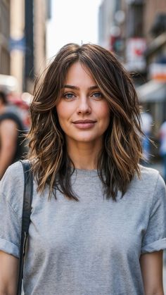 45 Stunning Medium Length Brunette Balayage Ideas to Elevate Your Look Medium Length Hair Balayage Caramel, Medium Length Haircuts 2024, Shag Balayage Hair, Subtle Fall Hair Color For Brunettes, Med Length Highlighted Hair, Partial Highlights Dark Brown Hair, Hair For 38 Year Old Women, Women’s Brunette Hair, Lived In Lob Hair