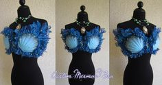 three different views of a mannequin with blue feathers and beads on it's chest