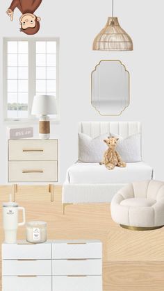 a bedroom with white furniture and a monkey on the wall