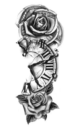 a rose and clock tattoo design on the arm