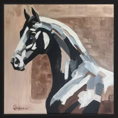 a painting of a black and white horse