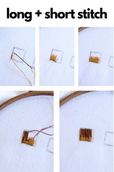 four pictures showing how to make a long and short stitch