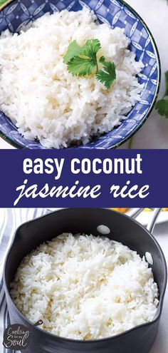 two pictures showing how to make easy coconut rice