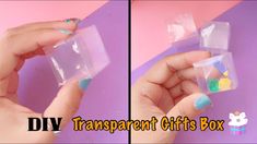 two pictures of someones hands holding small plastic boxes with different things in them and the words diy transparent gifts box