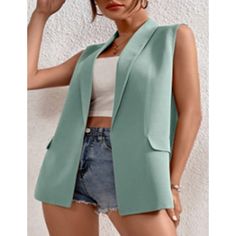 Blue-green Lapel Collar Sleeveless Blazer Green Sleeveless Vest For Spring, Casual Green Work Vest, Green Sleeveless Vest For Work, Green Sleeveless Vest For Workwear, Green Sleeveless Top Vest For Summer, Chic Green Sleeveless Tank Top, Green Fitted Tank Top For Work, Trendy Fitted Green Vest, Trendy Green Sleeveless Vest