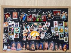 a bulletin board with pictures and words on it that says class of 2016, surrounded by photos