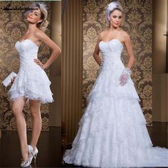 two pictures of a woman in white wedding gowns and high heels, one is wearing a